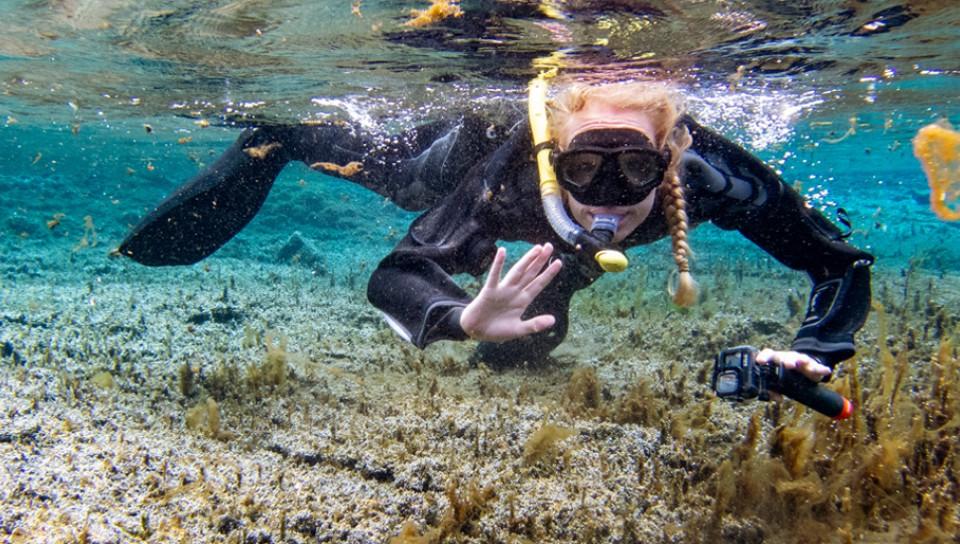 A student snorkels in Icelandic water